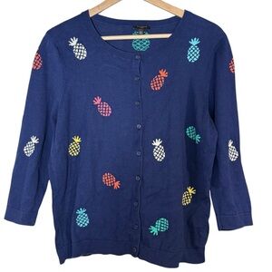 Talbots Colorful Pineapple Cropped Button Front Cardigan Size LP Novelty Print